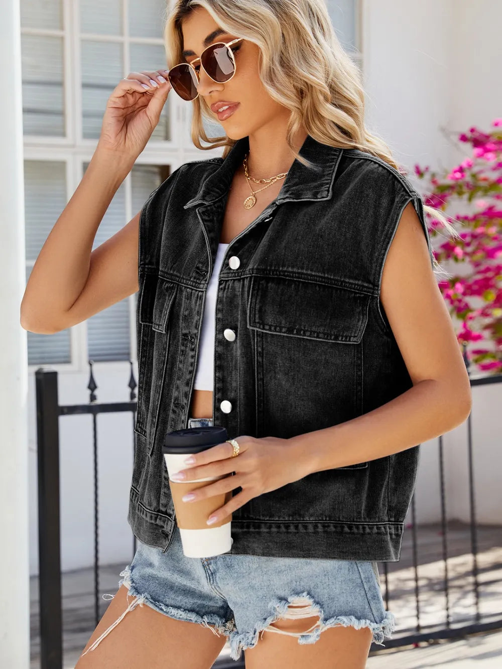 Pocketed Button Up Sleeveless Denim Jacket 