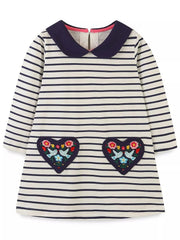 Children's Embroidered Striped Long Sleeve Dress 