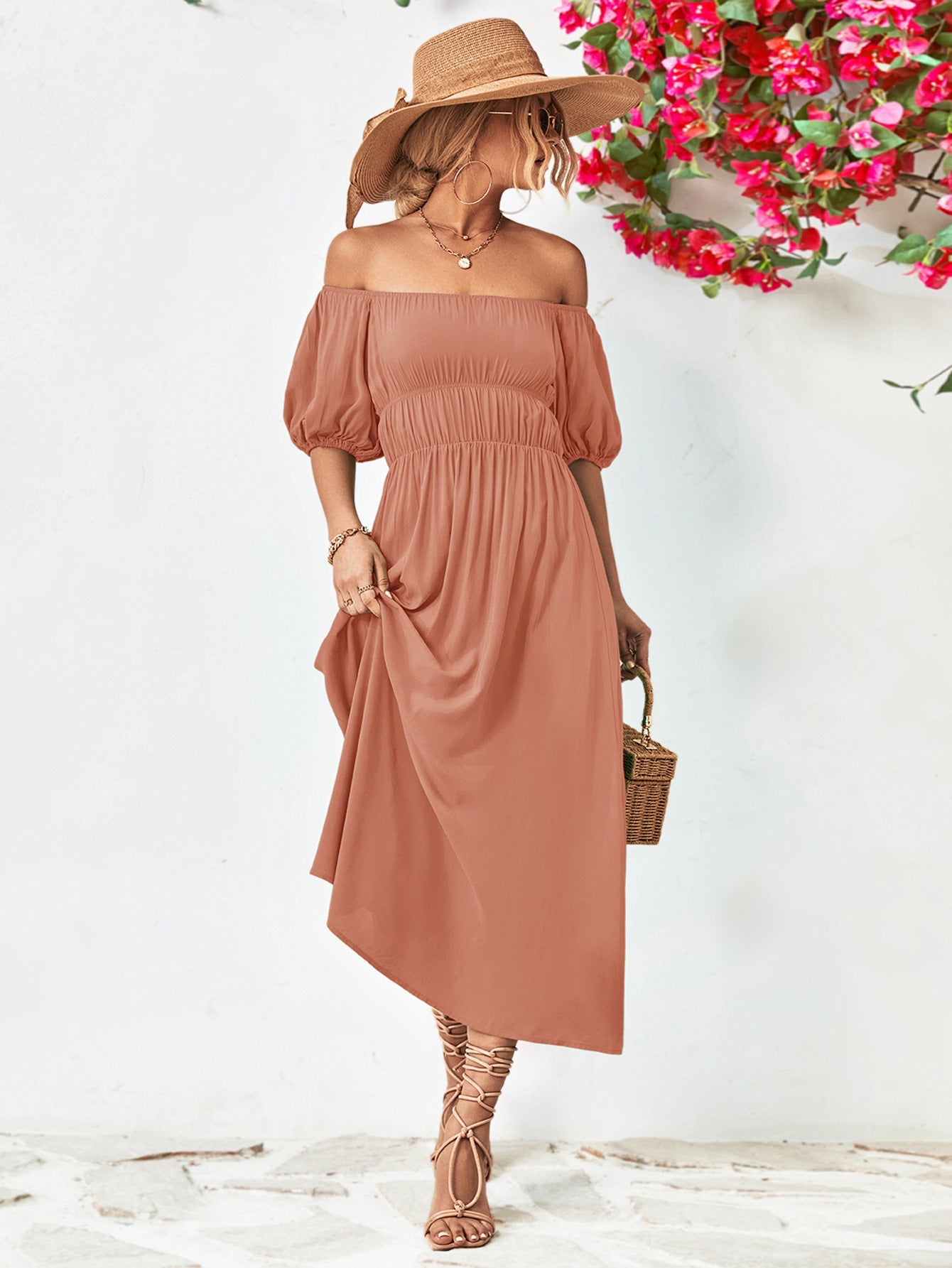 Off-Shoulder Balloon Sleeve Midi Dress 