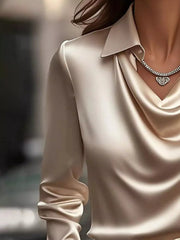 Ruched Long Sleeve Drape Collar Blouse 