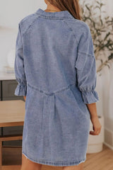 Distressed Collared Neck Flounce Sleeve Denim Dress 