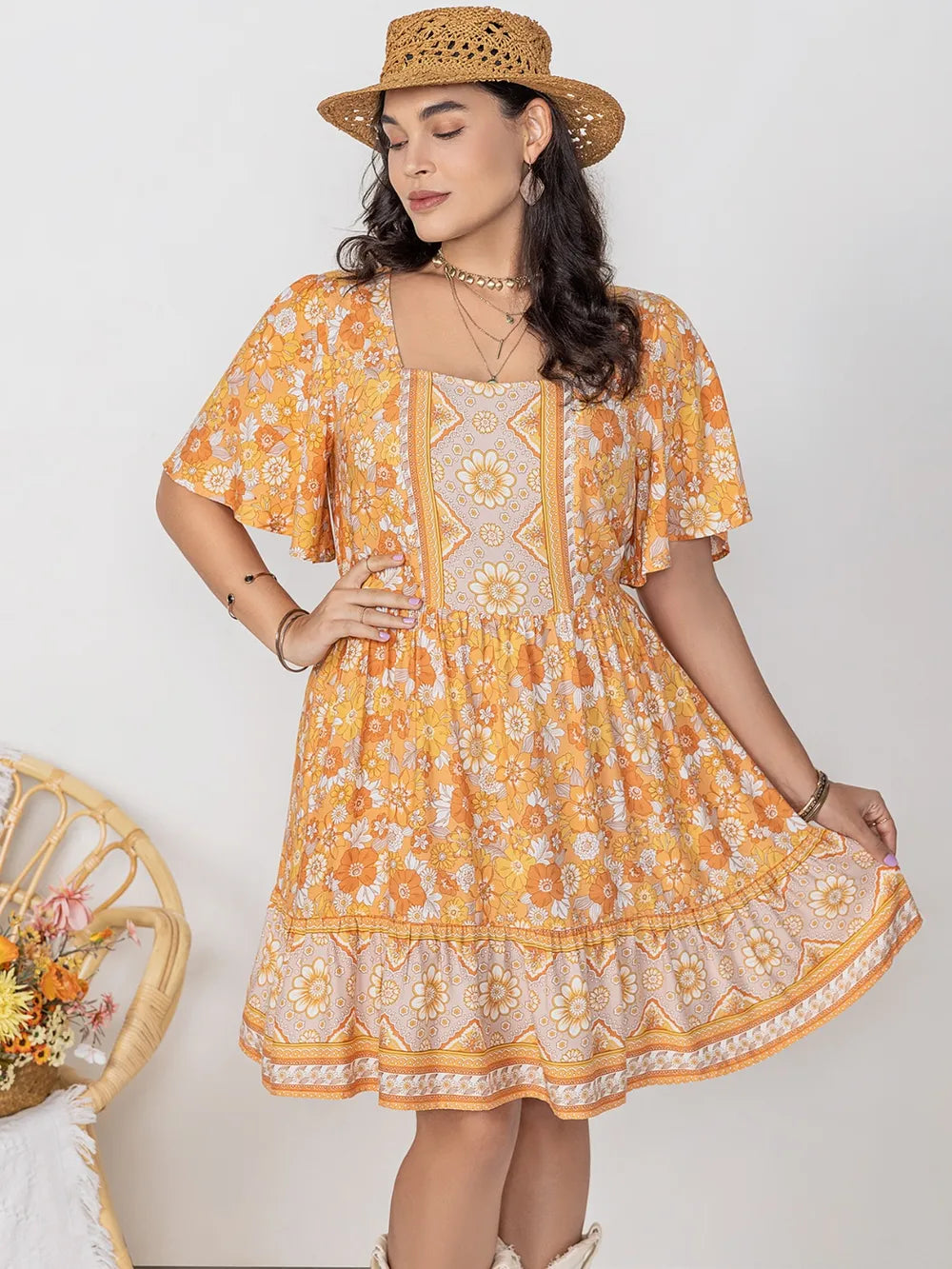 Plus Size Printed Square Neck Short Sleeve Dress 