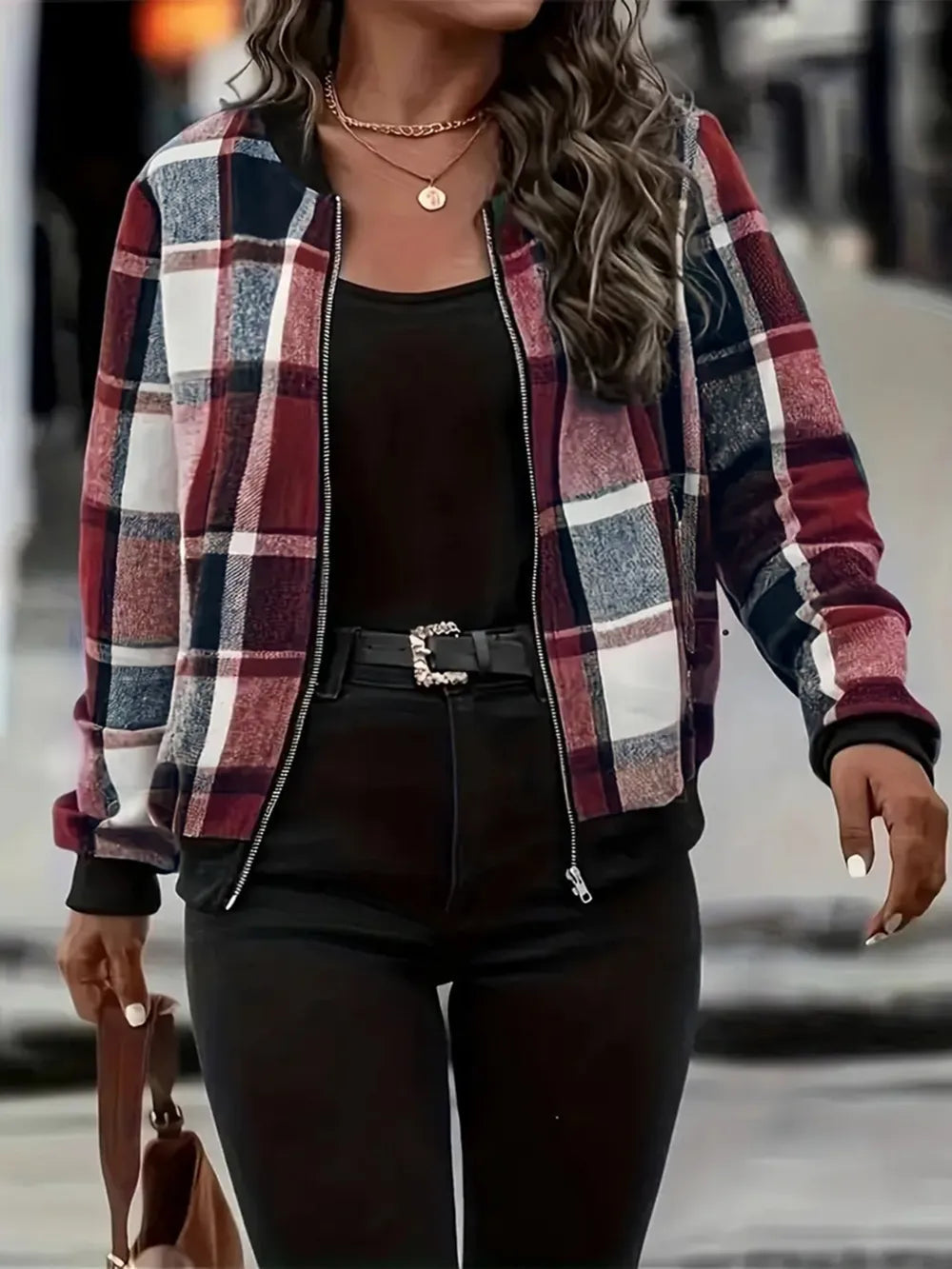 Plus Size Plaid Baseball Collar Zip Up Jacket 