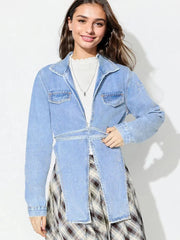 Asymmetric Slit Collared Neck Long Denim Top 