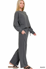 Zenana Washed F/terry Round Neck Pullover & Pants Set 