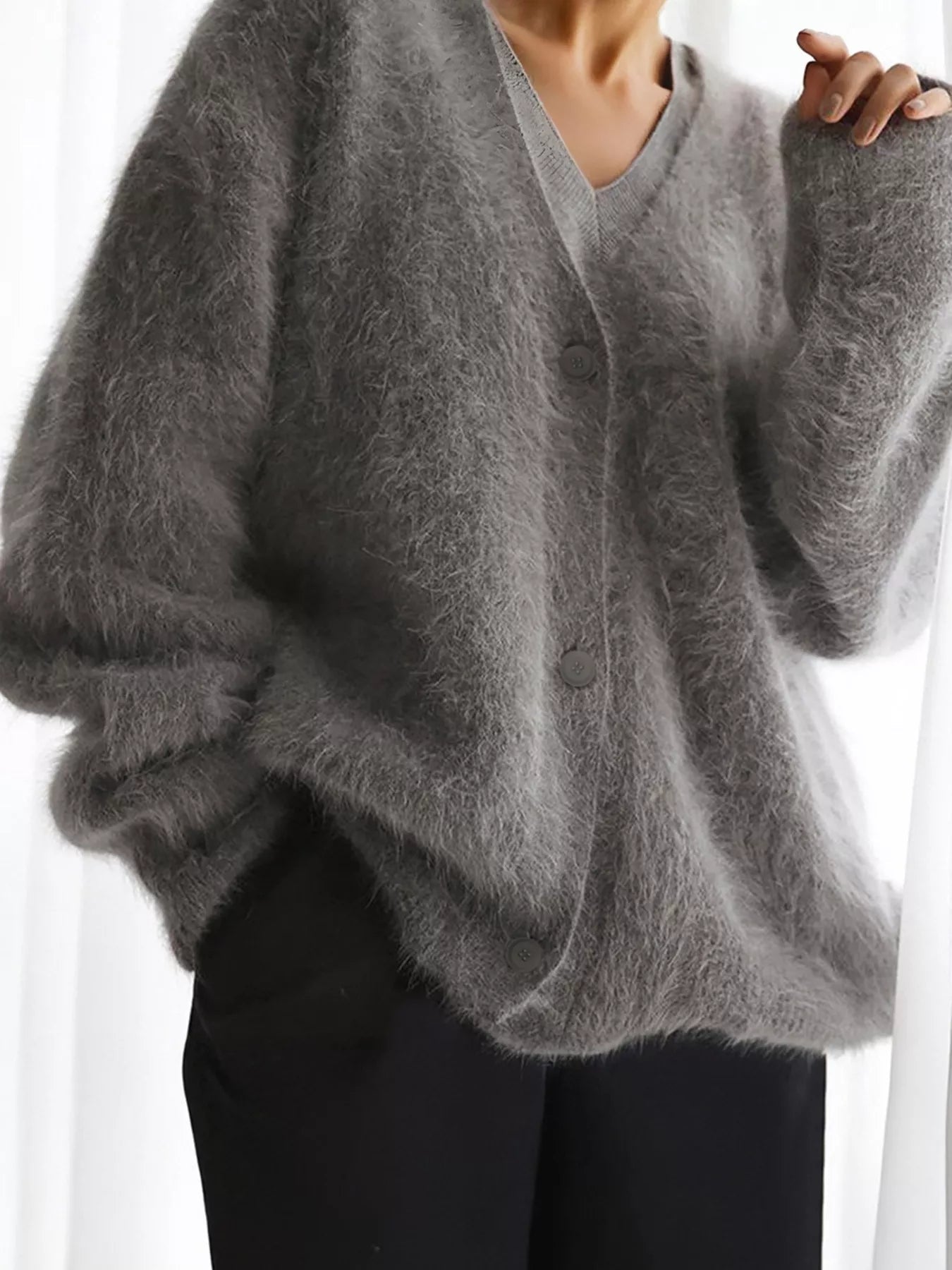 V Neck Button Down Fuzzy Knit Mohair Cardigan 