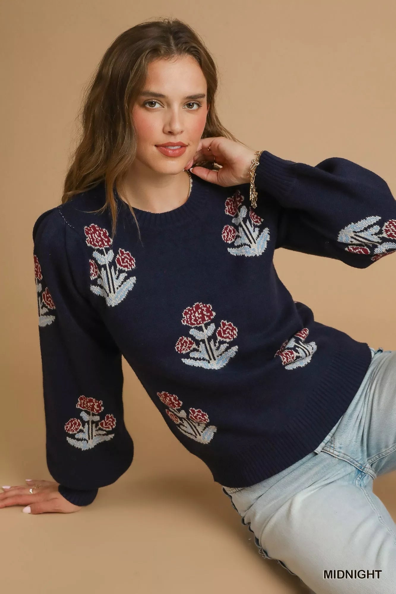 Umgee Floral Knit Sweater with Puff Sleeves 