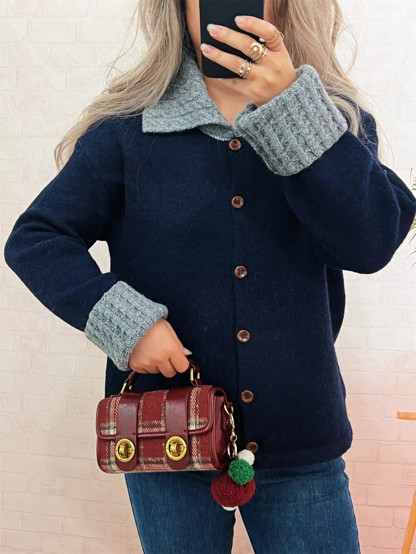 Striped Knit Button Down Cardigan with Collar 