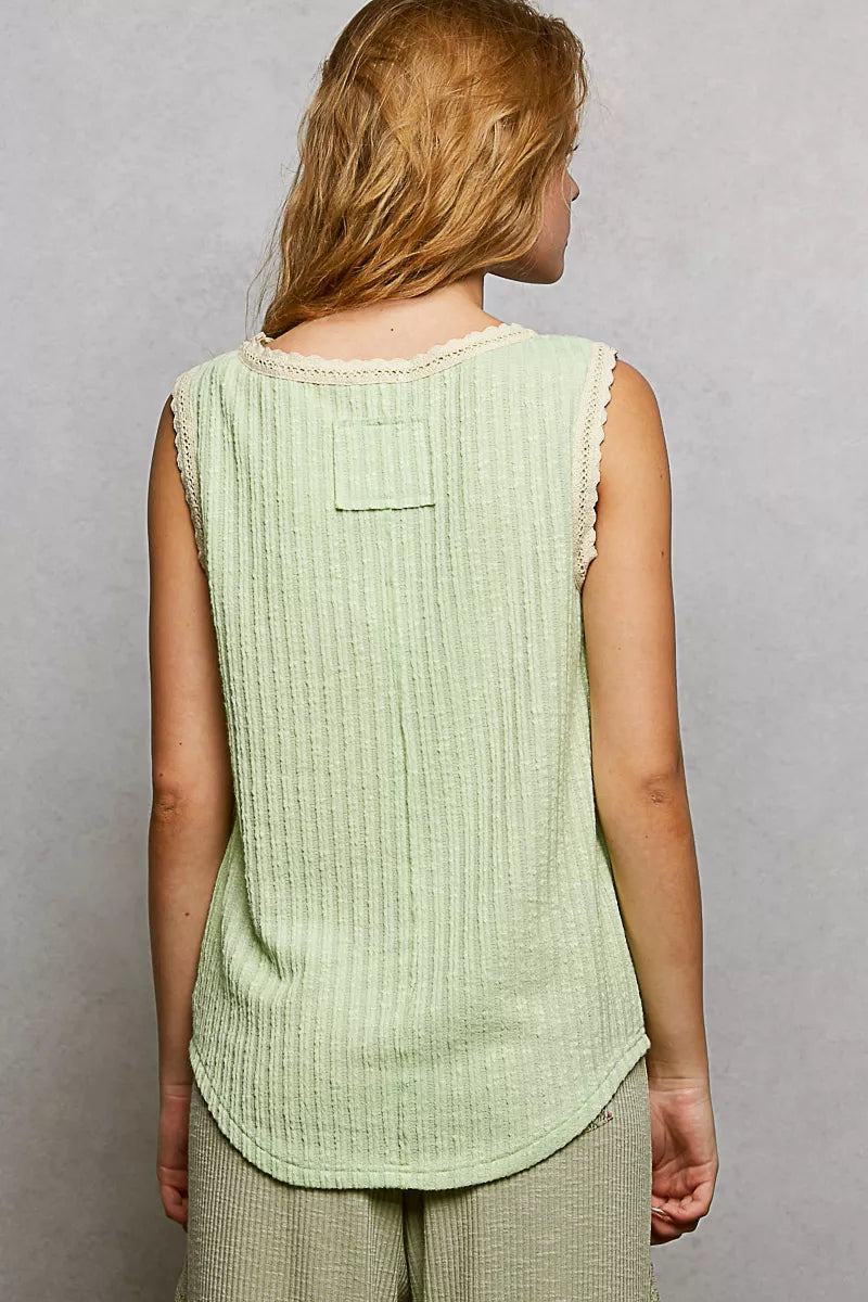 POL Ribbed Round Neck Tank with Lace Trim 