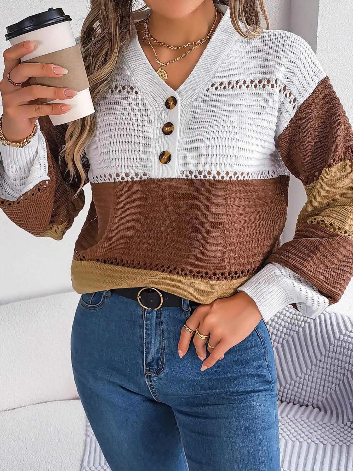 Color Block Striped V-Neck Button Detail Sweater 