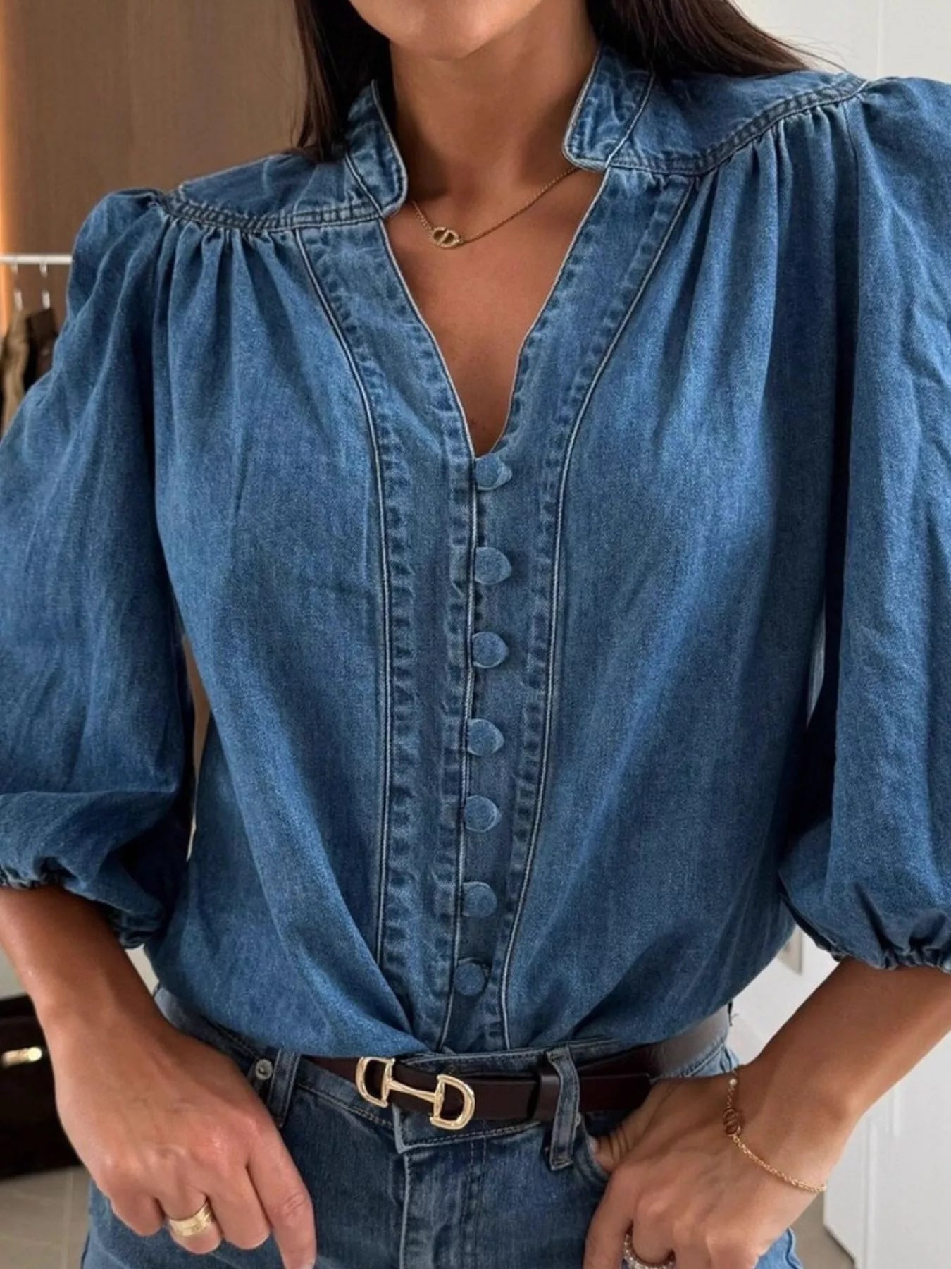 Button-Down Puff Sleeve Denim Top 