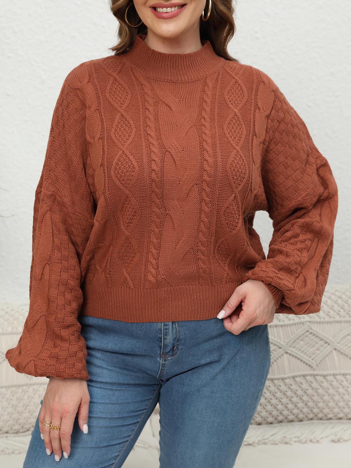 Plus Size Mock Neck Cable Knit Long Sleeve Sweater 