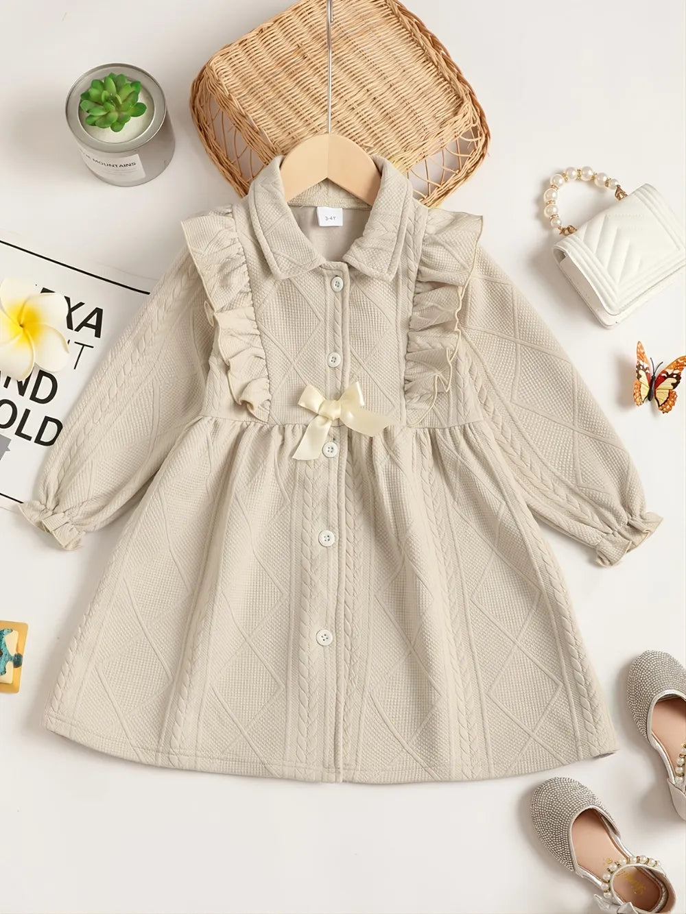 Children's Ruffled Bow Collared Neck Dress 