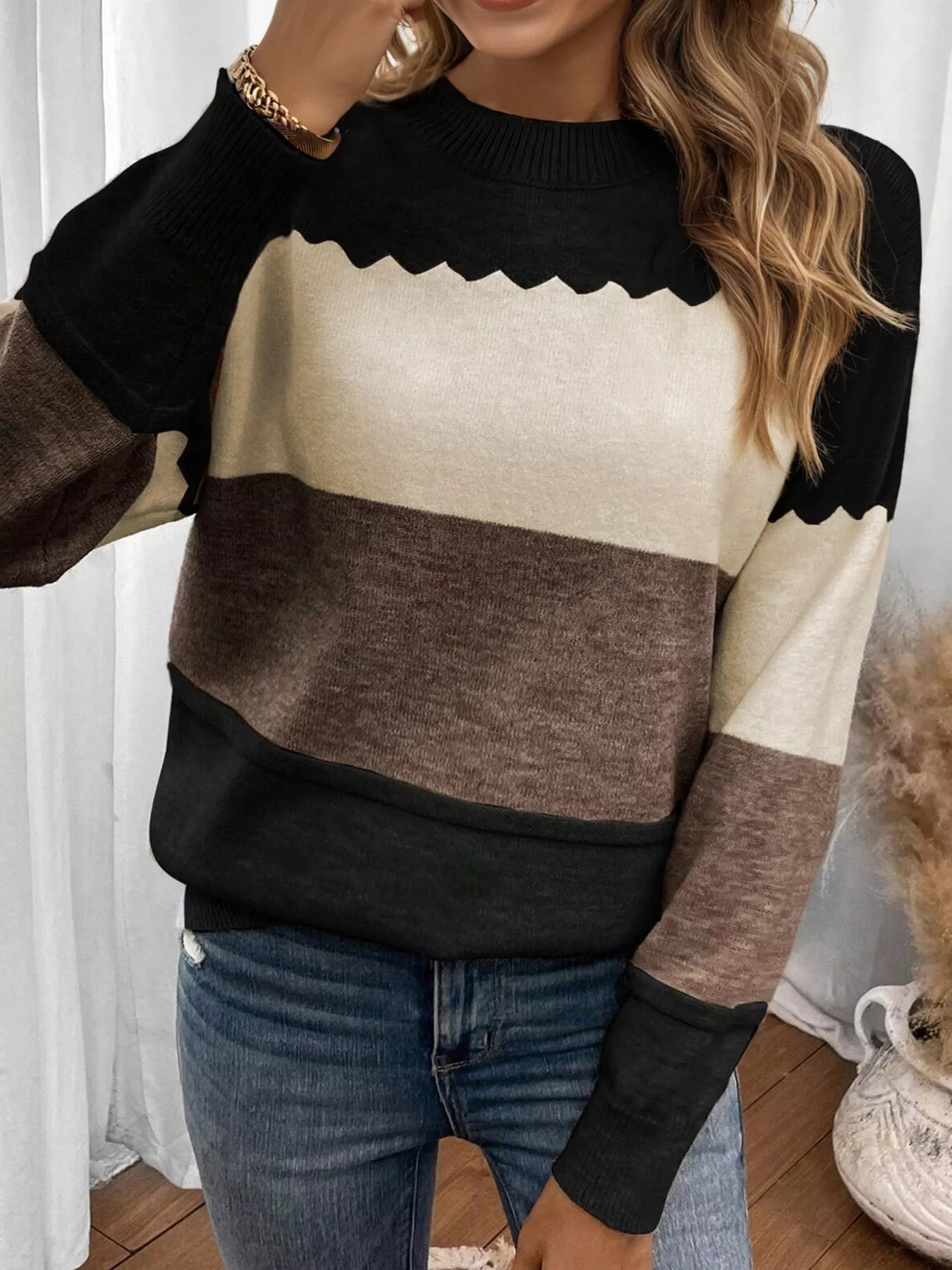 Color Block Crew Neck Drop Shoulder Sweater 