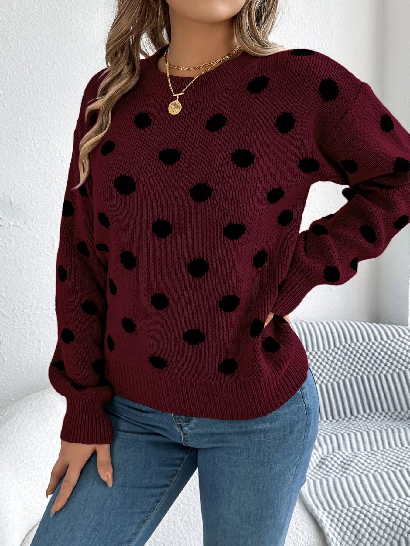 Polka Dot Round Neck Sweater 