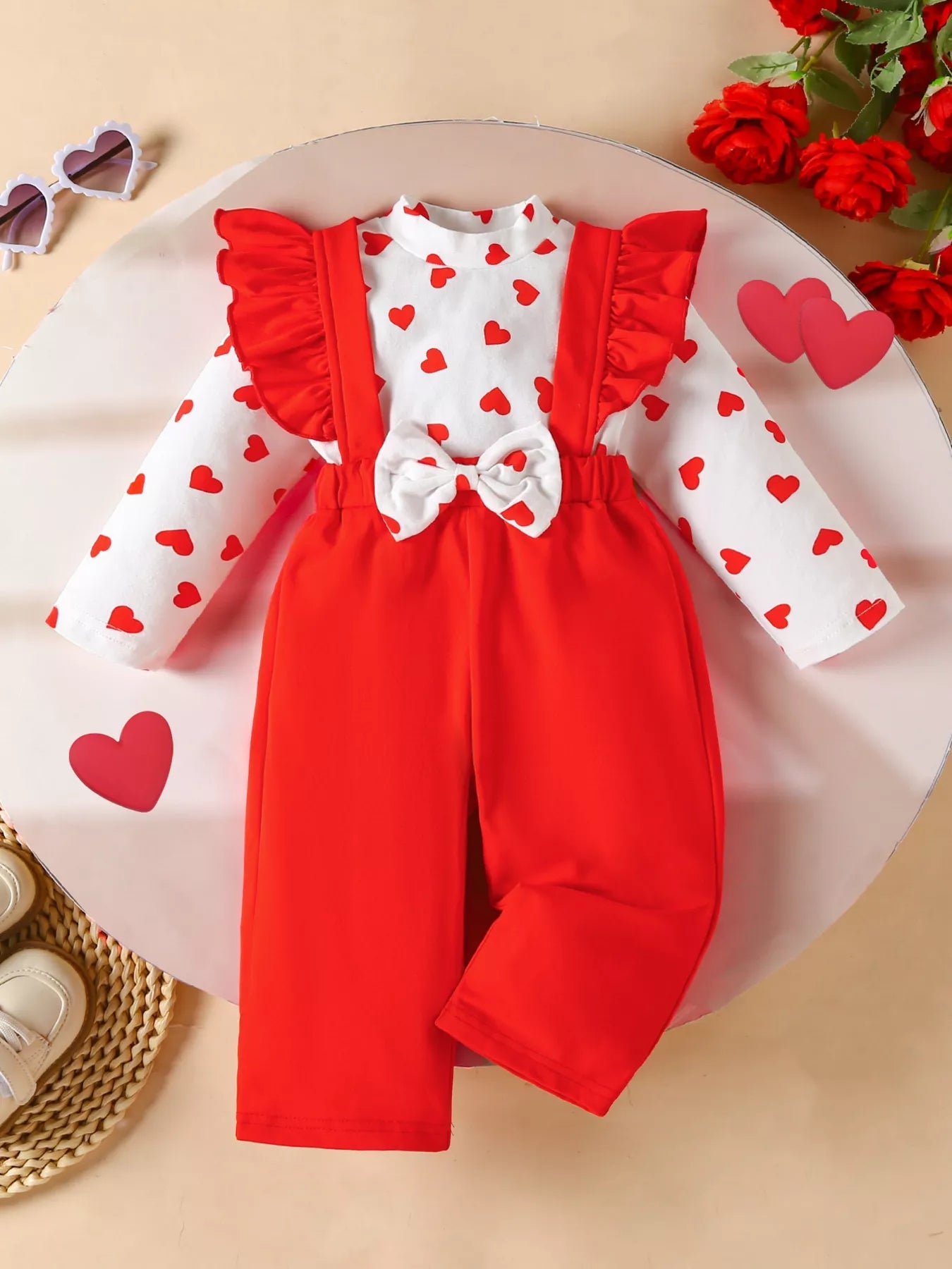 Children's Heart Print Top and Suspender Pants Set 