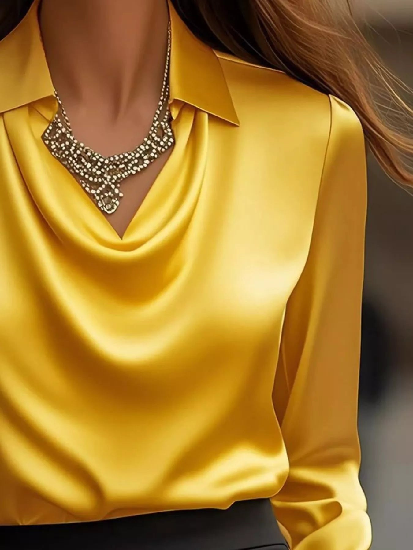 Ruched Long Sleeve Drape Collar Blouse 