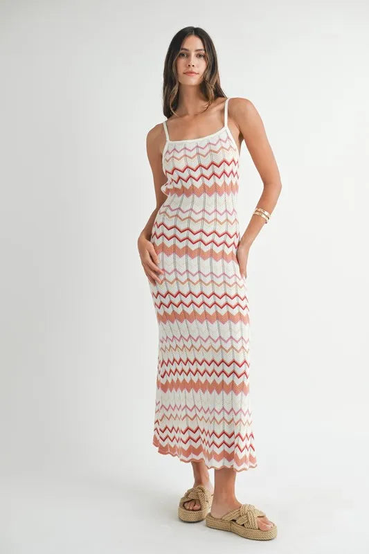 MABLE Lightweight Pointelle Chevron Knit Maxi Dress 