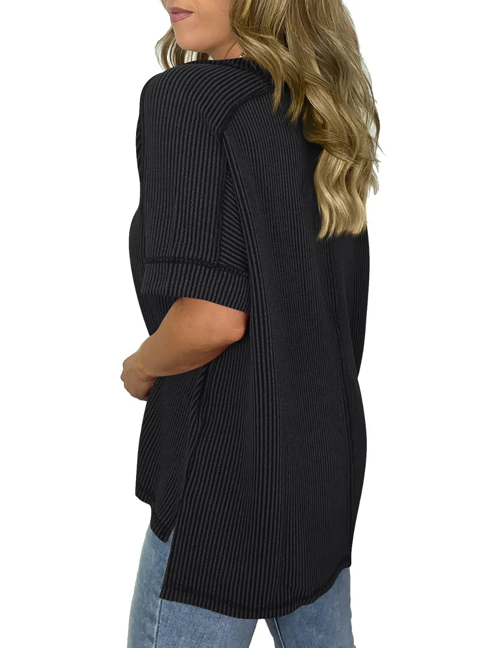 Cord Ribbed V-Neck Short Sleeve T-Shirt 