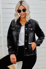 Distressed Raw Hem Denim Jacket 