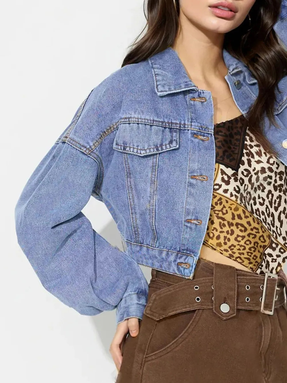Collared Neck Dropped Shoulder Cropped Denim Top 