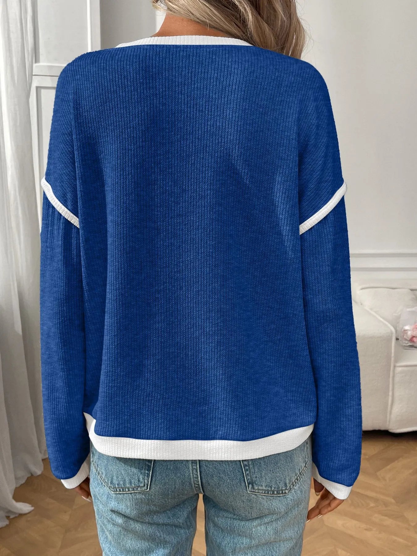 Ribbed Contrast Trim Long Sleeve Top 