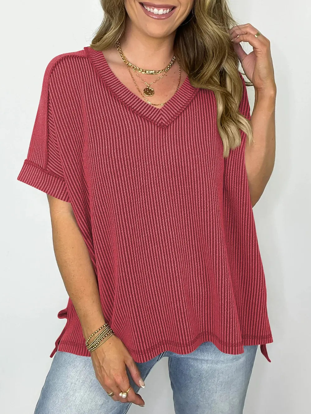 Cord Ribbed V-Neck Short Sleeve T-Shirt 