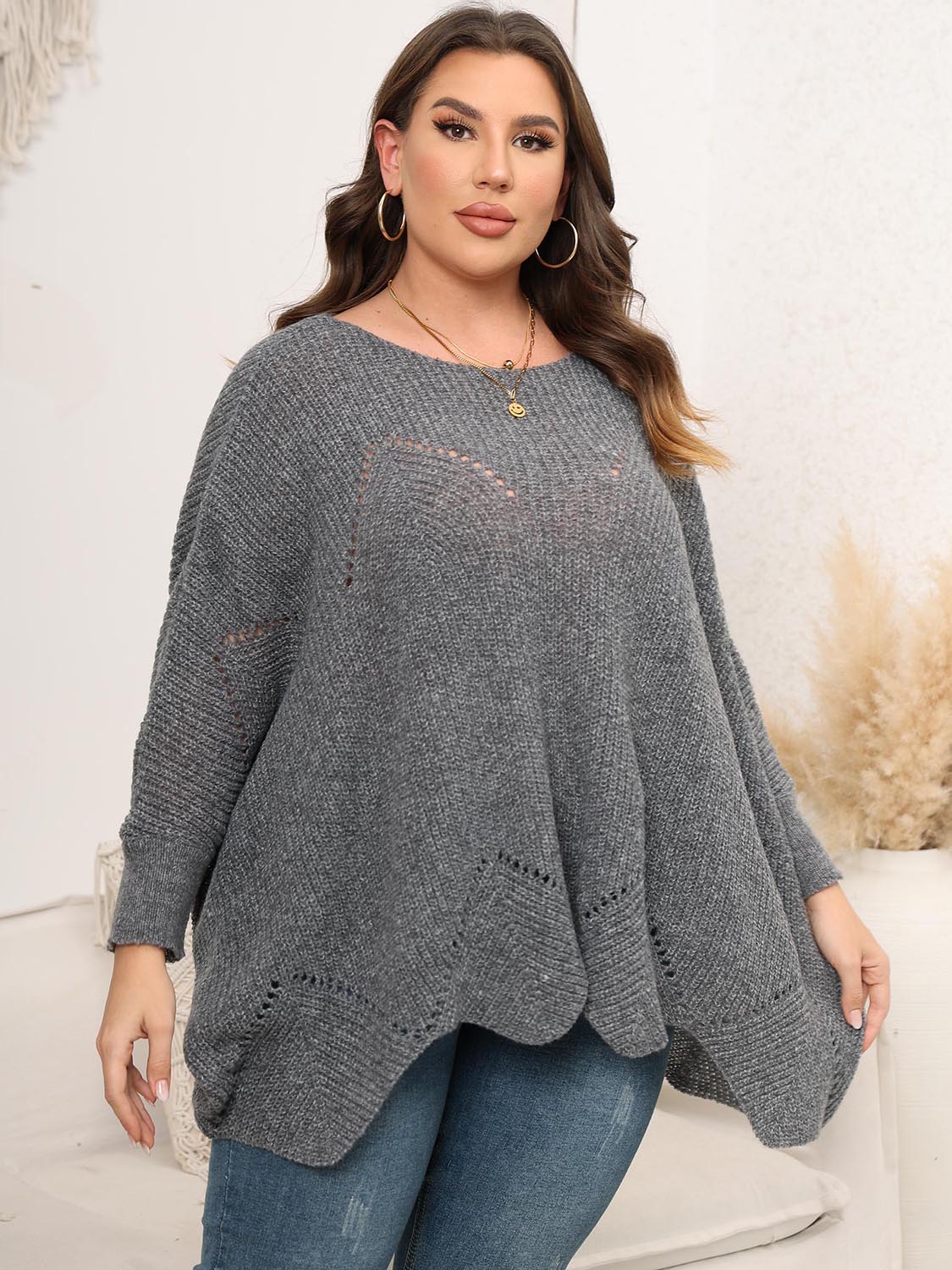 Plus Size Round Neck Batwing Sleeve Sweater 