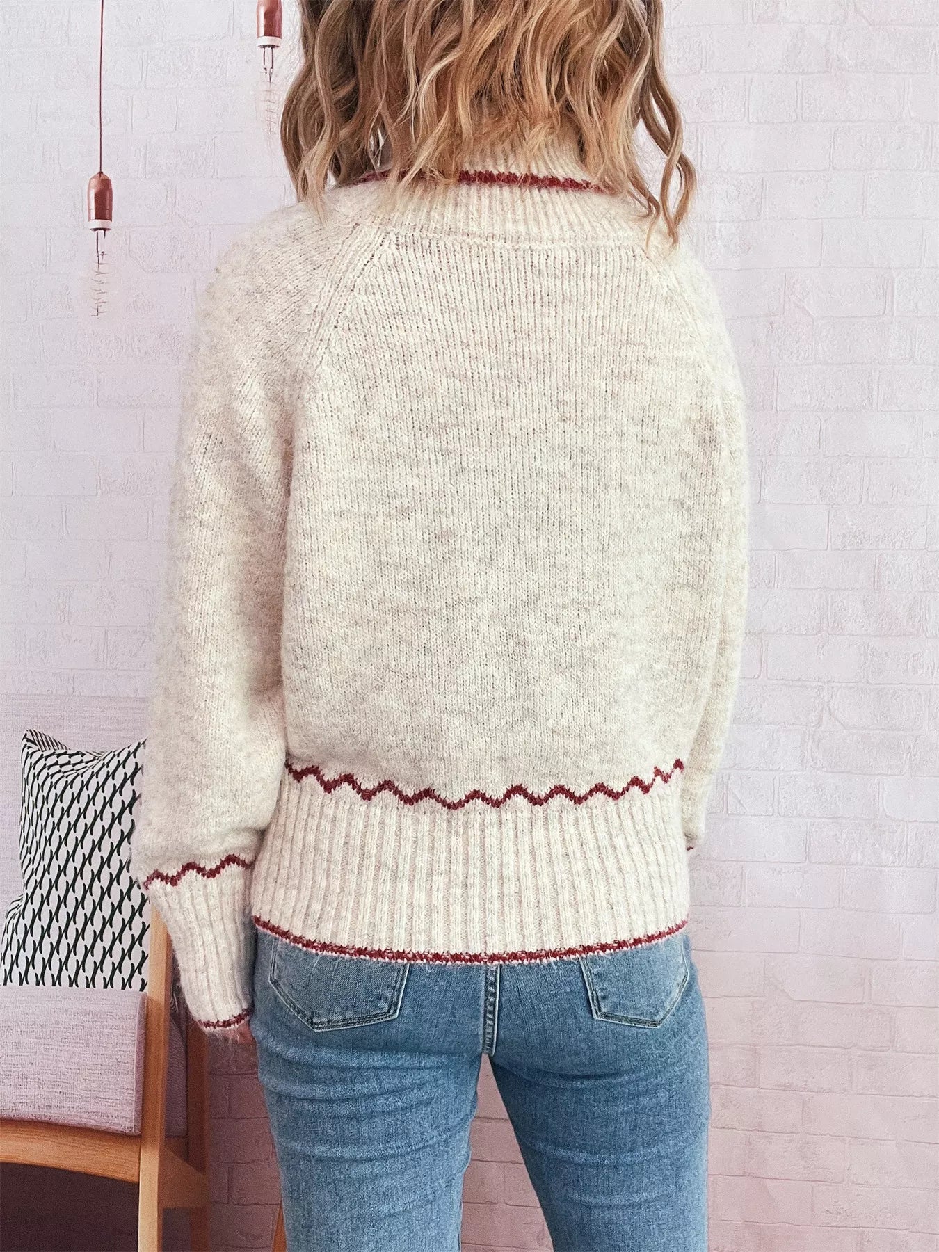 Ribbed Contrast Trim Long Sleeve Sweater 