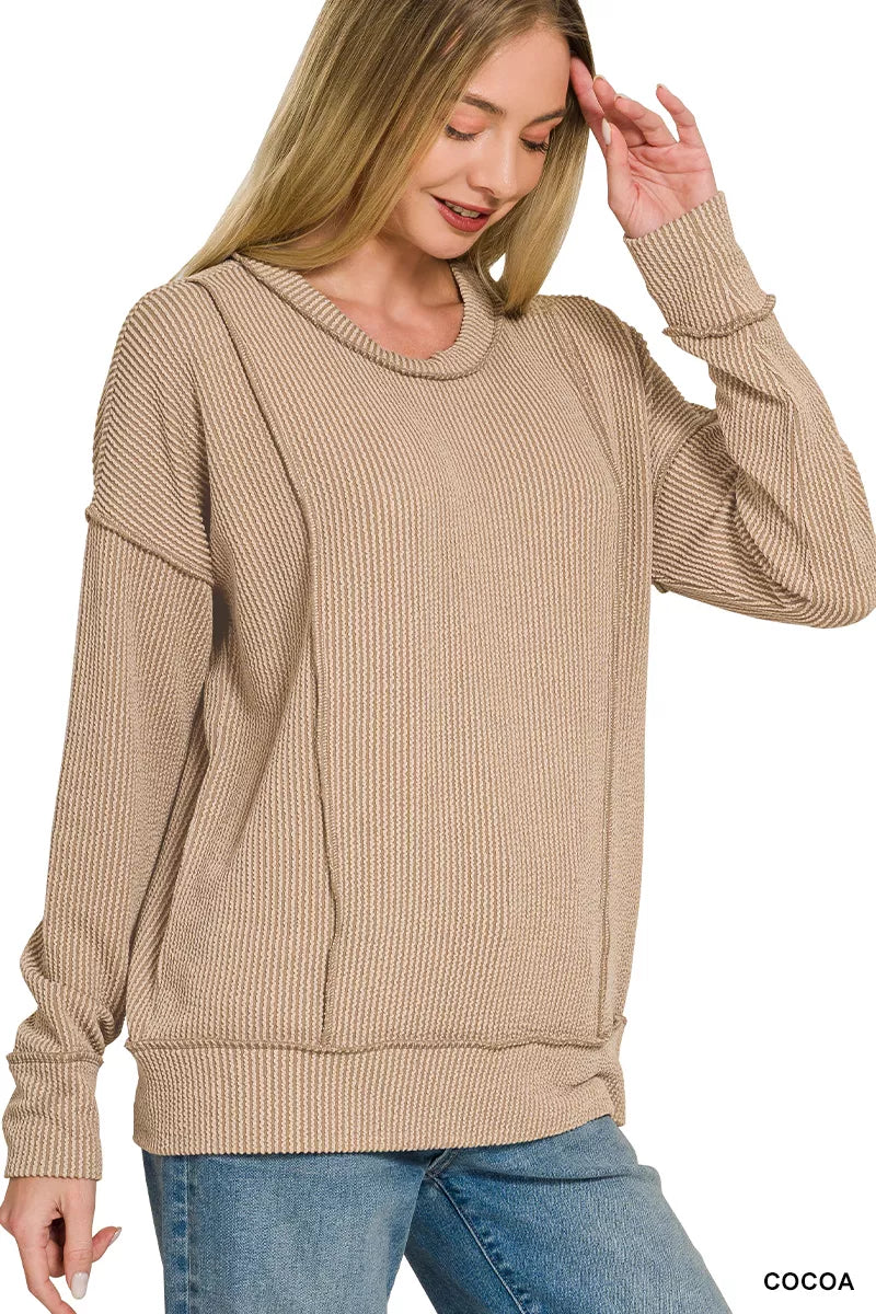 Zenana Corded Rib Long Sleeve Round Neck Top 