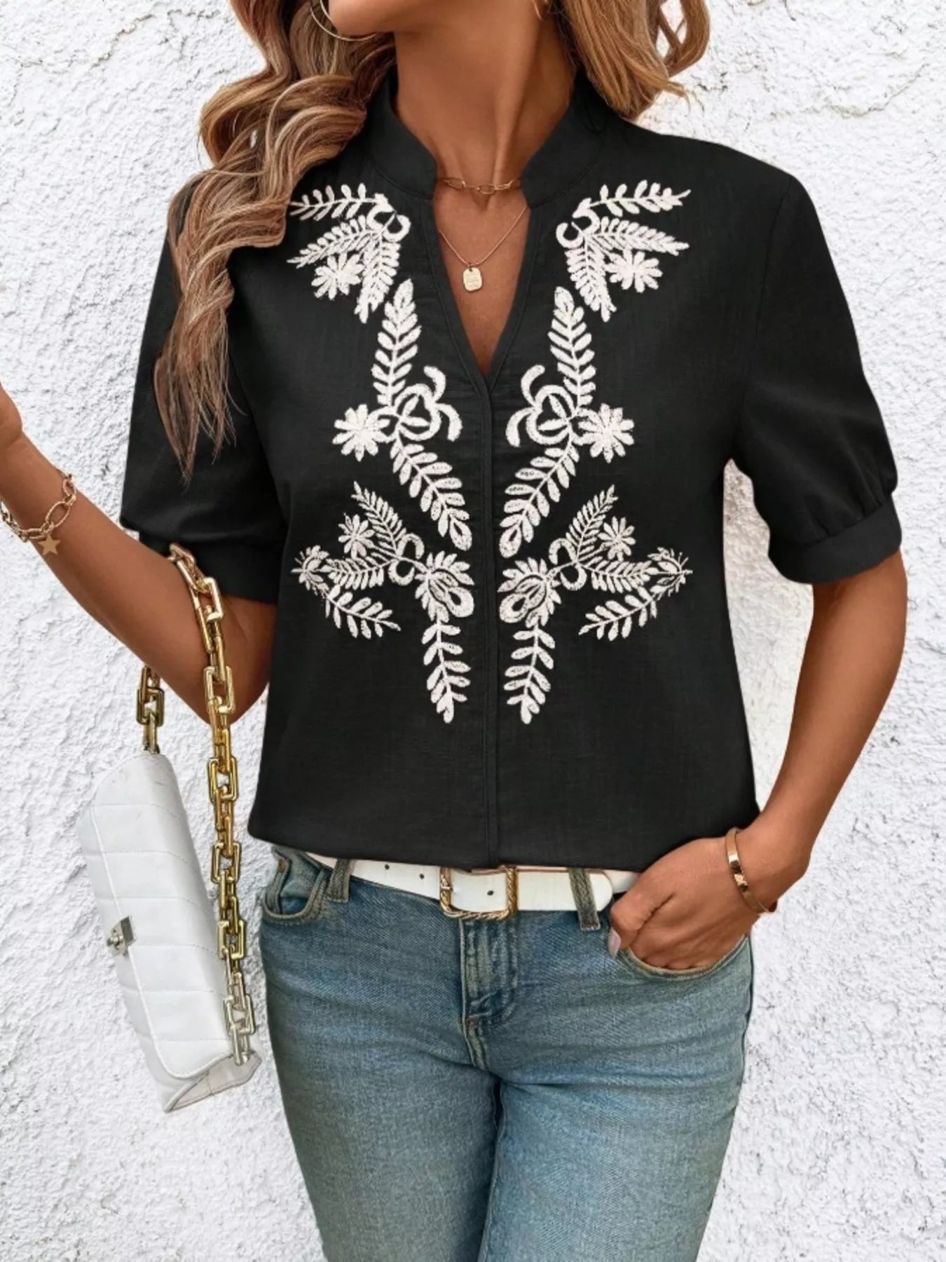 Embroidered Notched Short Sleeve Blouse 