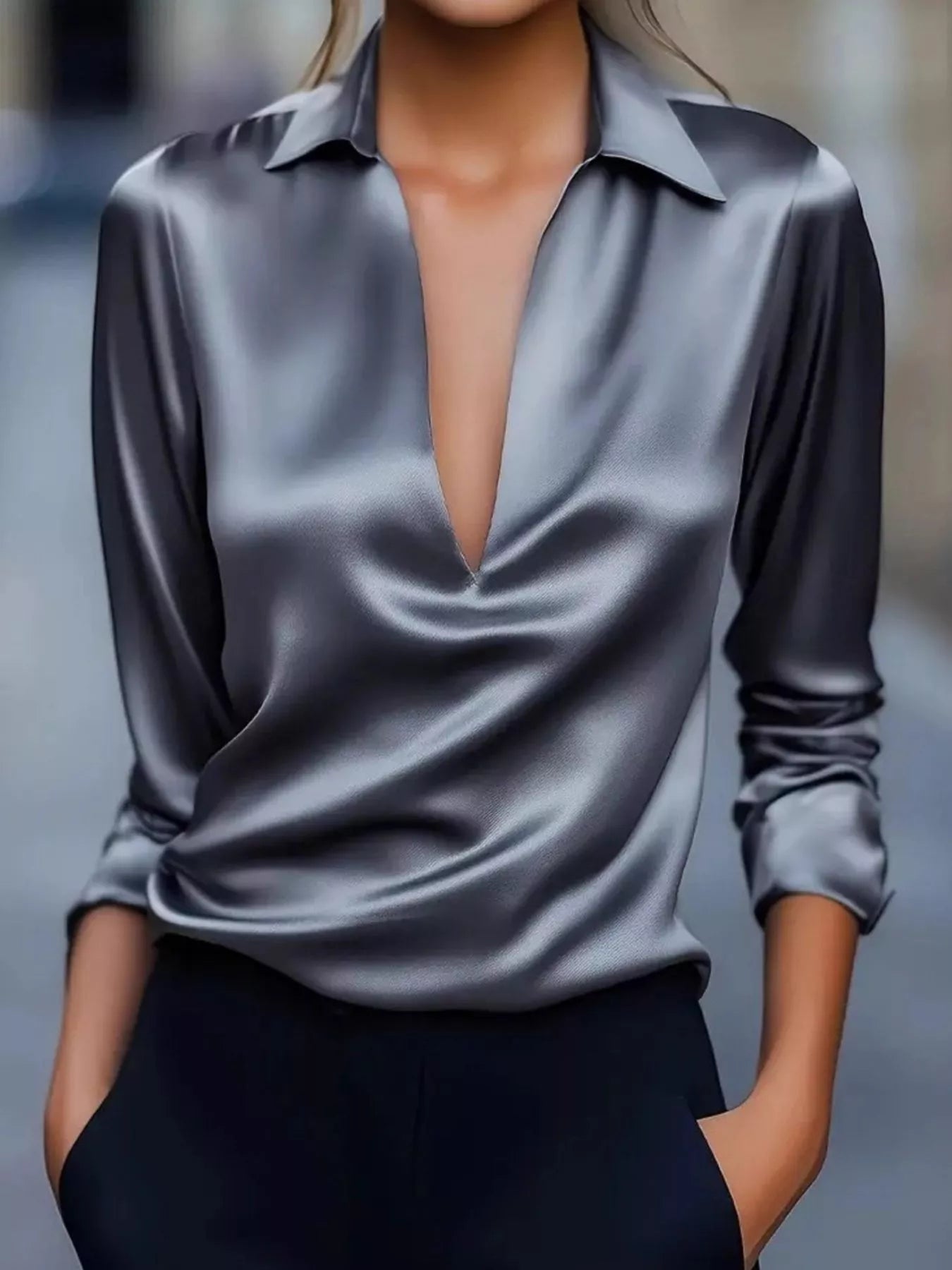 Satin Johnny Collar Long Sleeve Blouse 