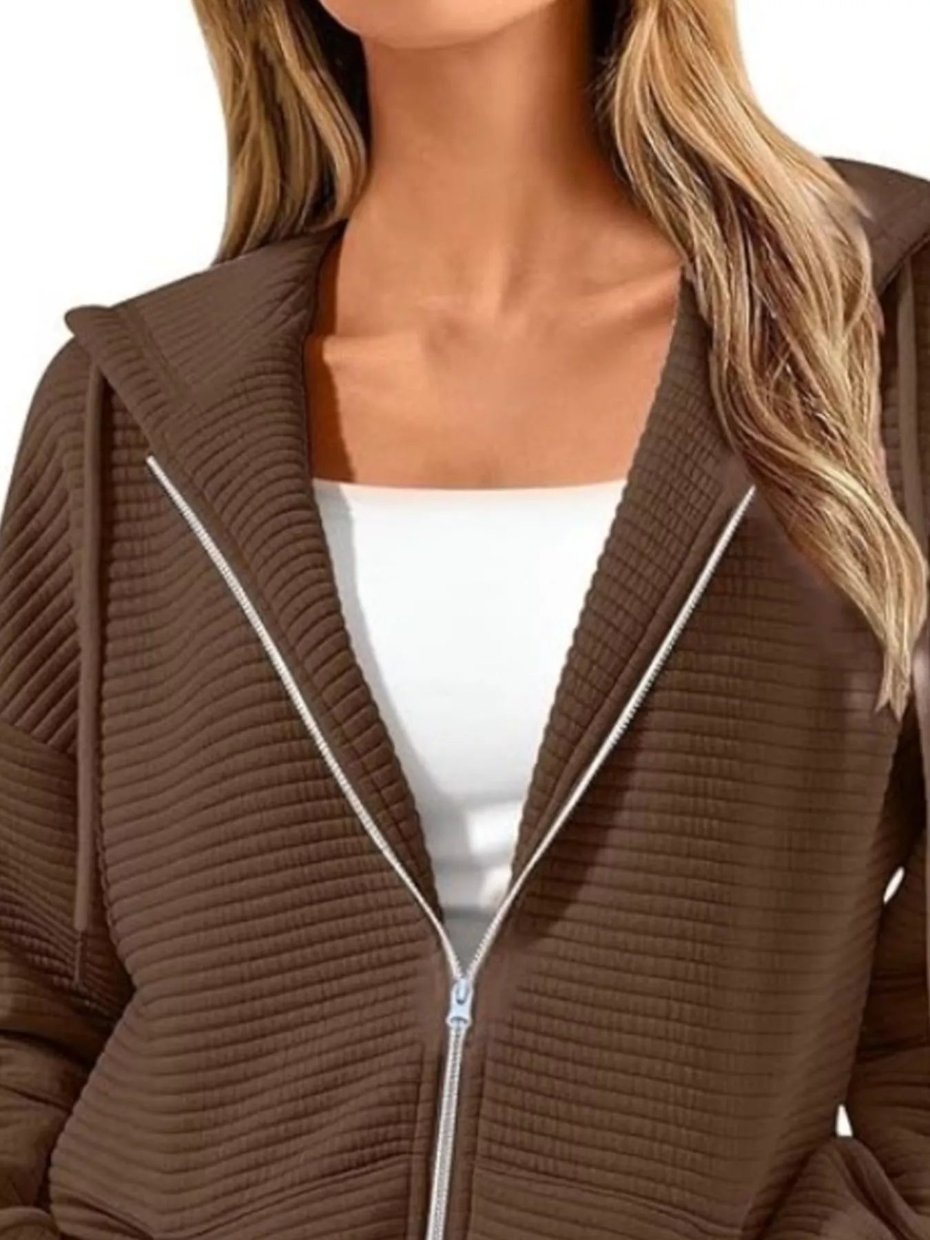 Drawstring Zip Up Dropped Shoulder Hoodie 