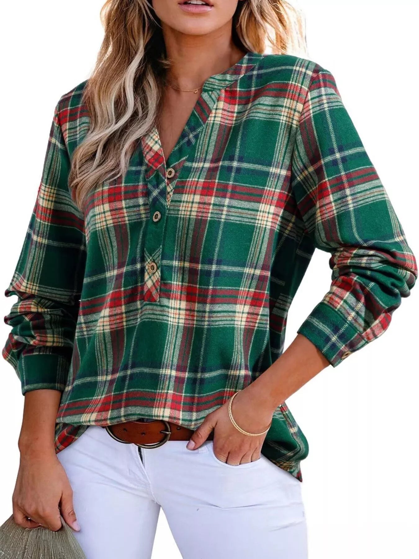 Plaid Half Button Long Sleeve Blouse 