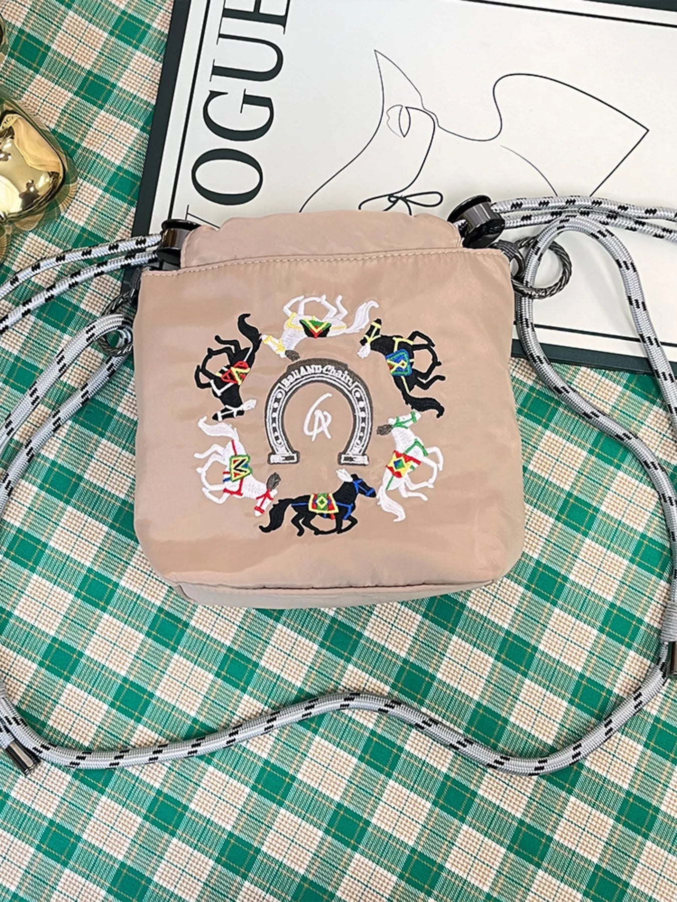 Embroidered Crossbody Bag with Rope Strap 