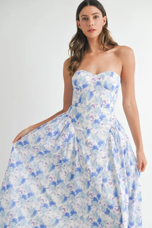 MABLE Sweetheart Neckline Floral Printed Midi Dress 