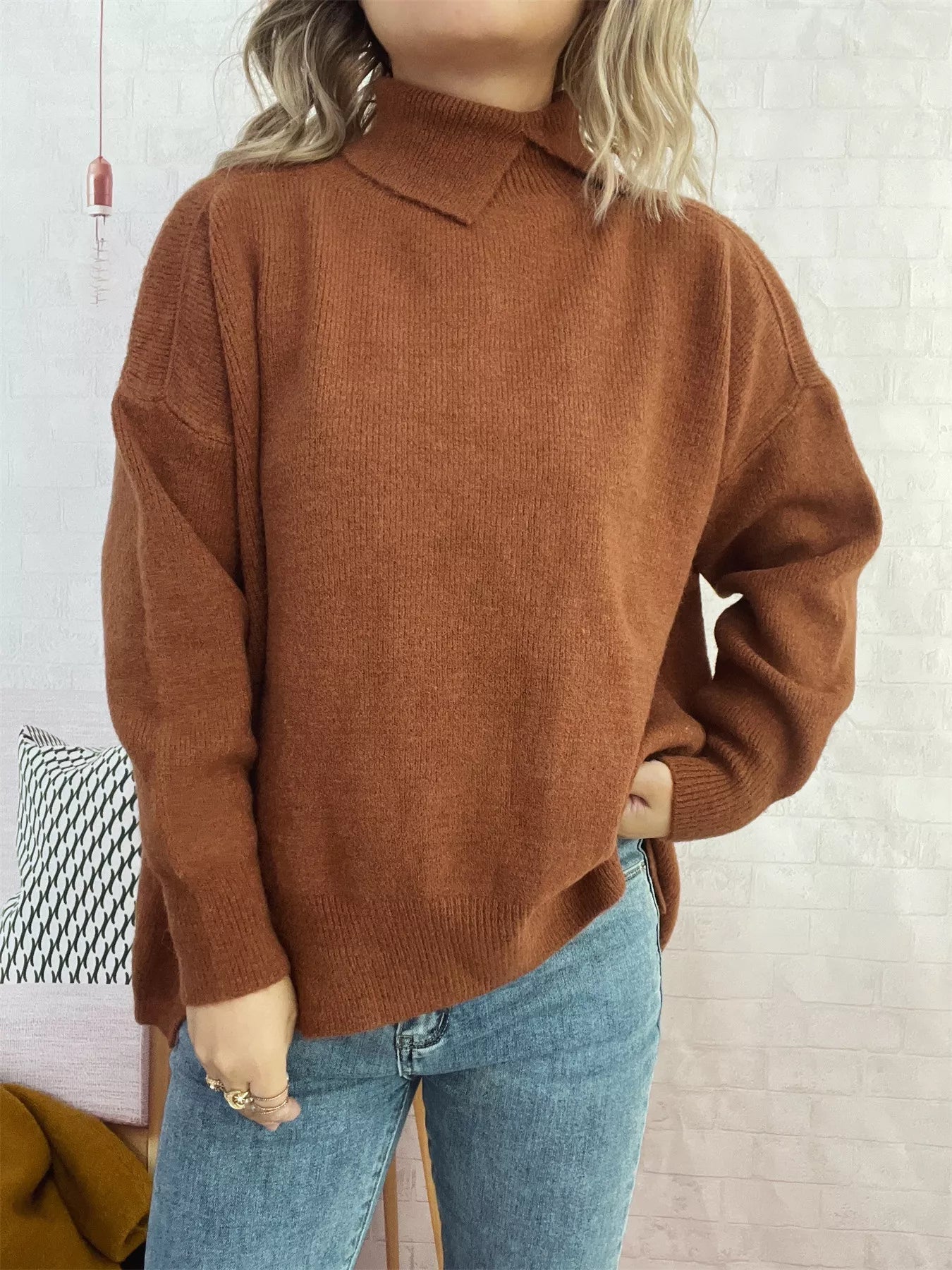 Slit Turtleneck Long Sleeve Sweater 
