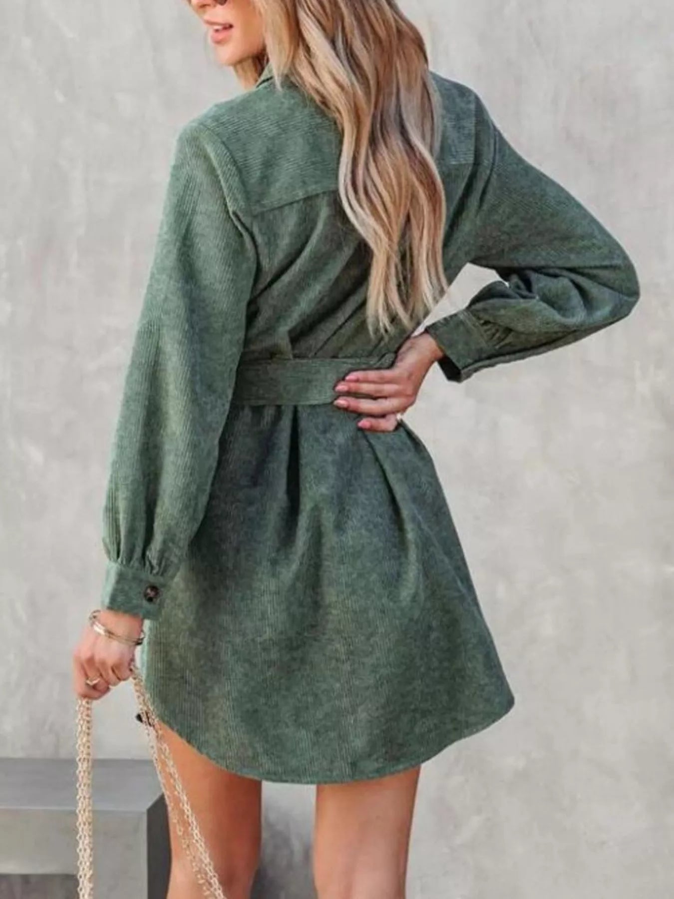 Button Front Belt Long Sleeve Corduroy Dress 