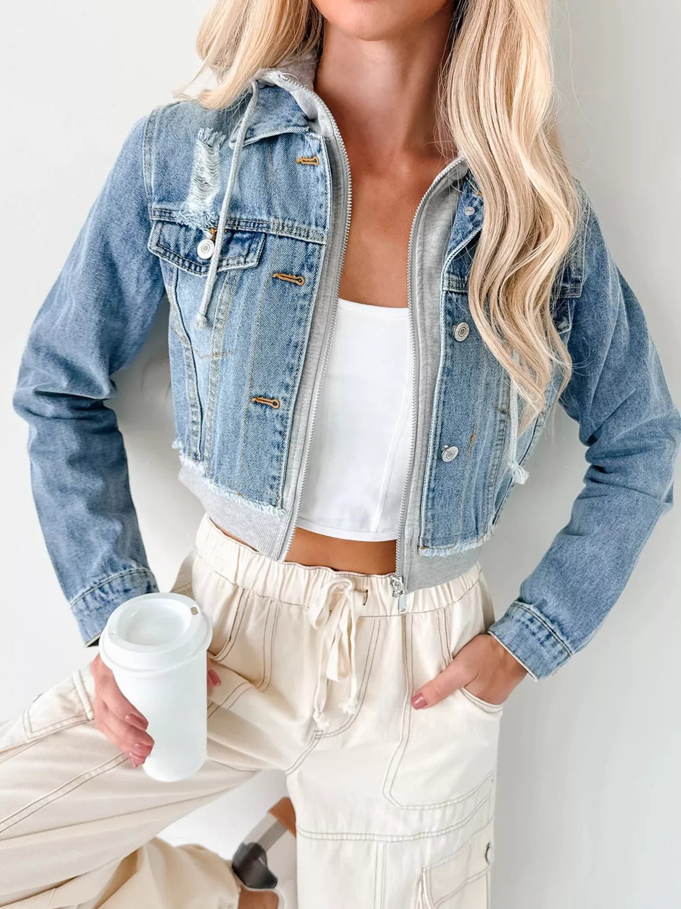 Distressed Zip Up Cropped Hooded Denim Jacket 