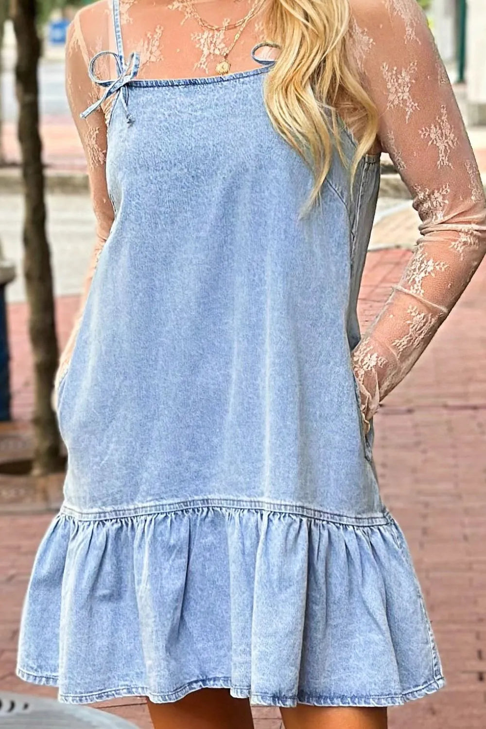 Bow Detail Spaghetti Straps Ruffle Hem Denim Dress 
