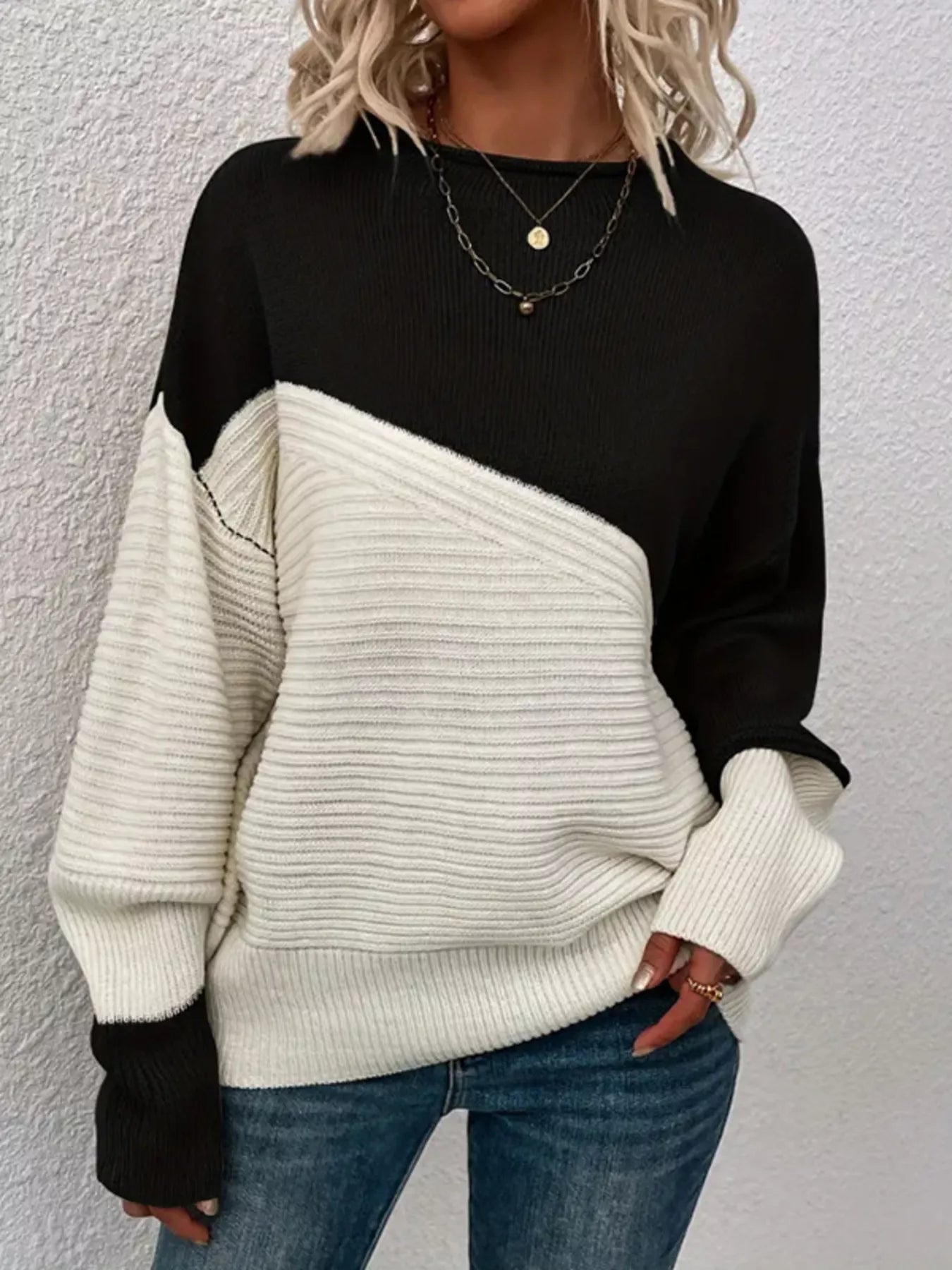 Color Block Ribbed Knit Sweater 