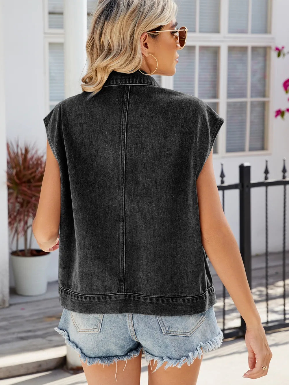 Pocketed Button Up Sleeveless Denim Jacket 