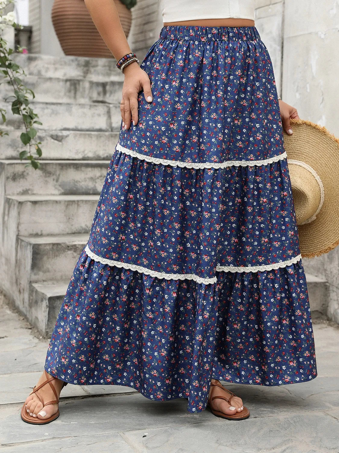 Plus Size Floral Elastic Waist Maxi Skirt 