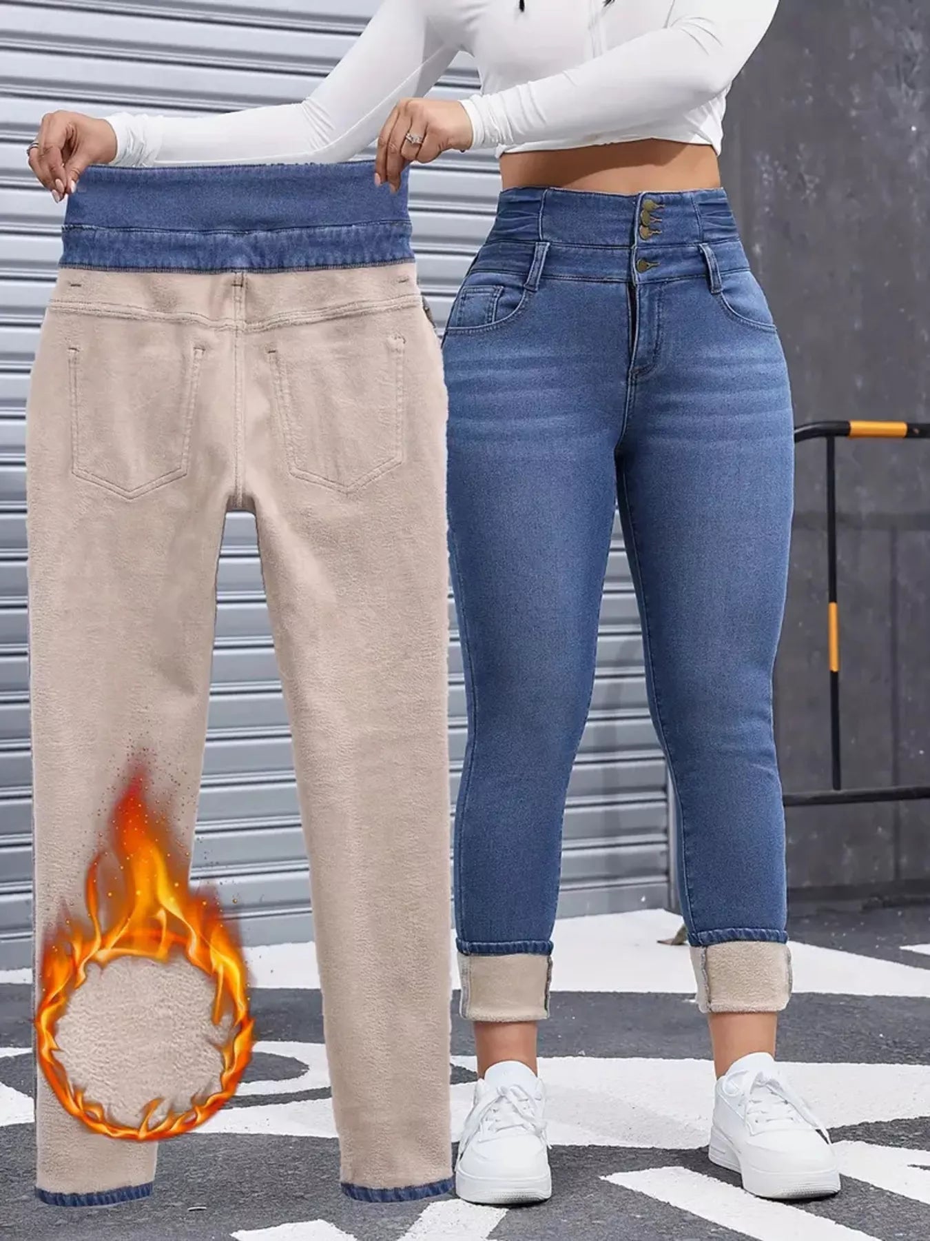 High-Waisted Slim Fit Fleece-Lined Jeans 