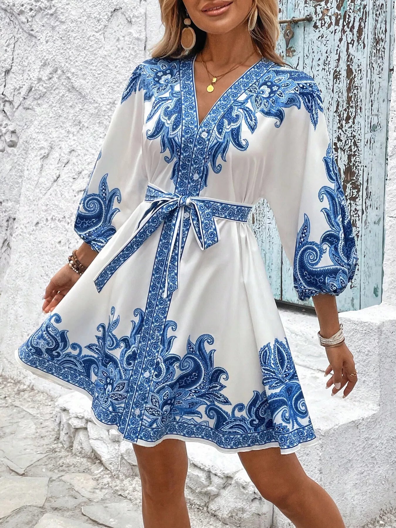 Printed Balloon Sleeve Mini Dress 