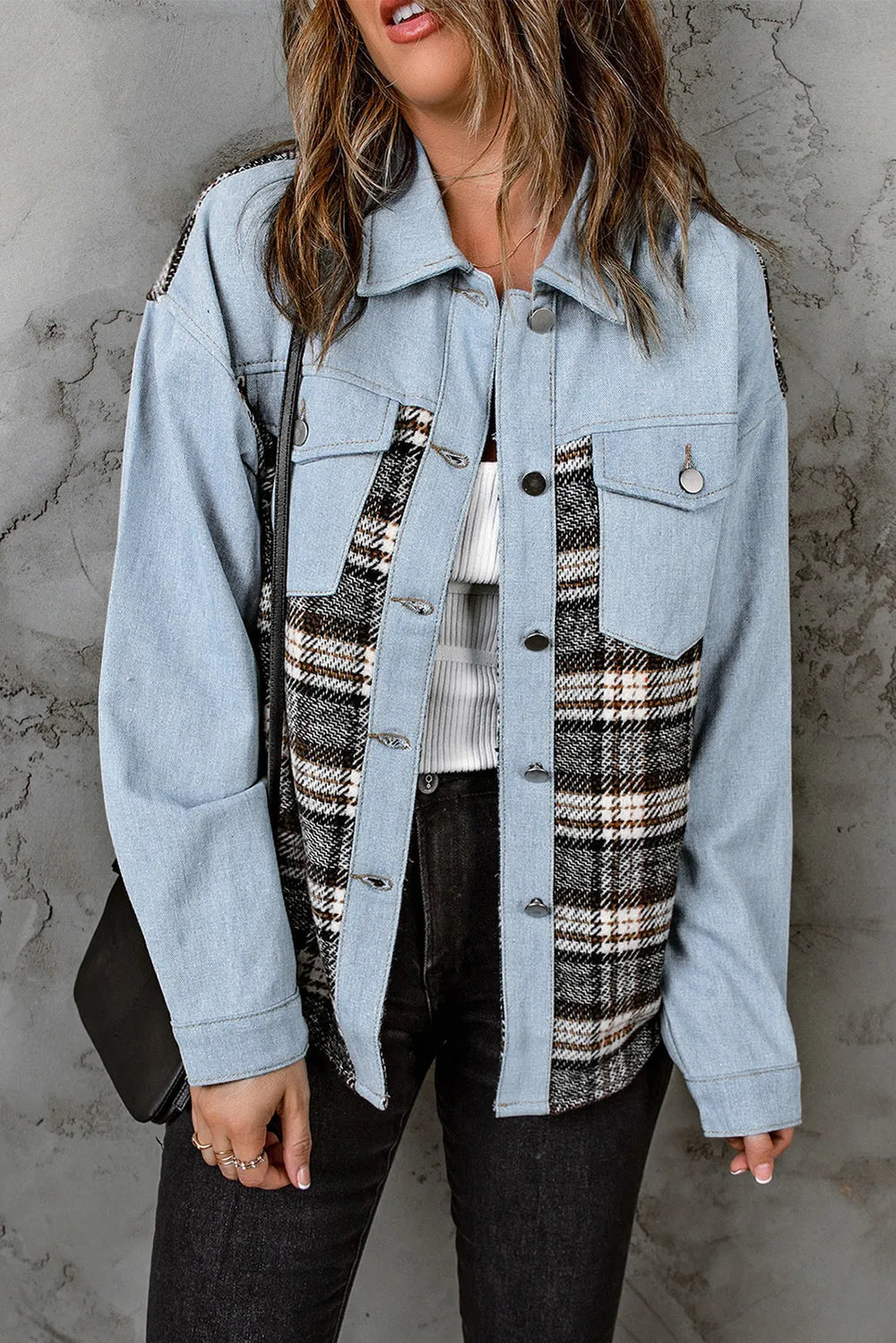 Plaid Pocketed Button Up Denim Jacket 