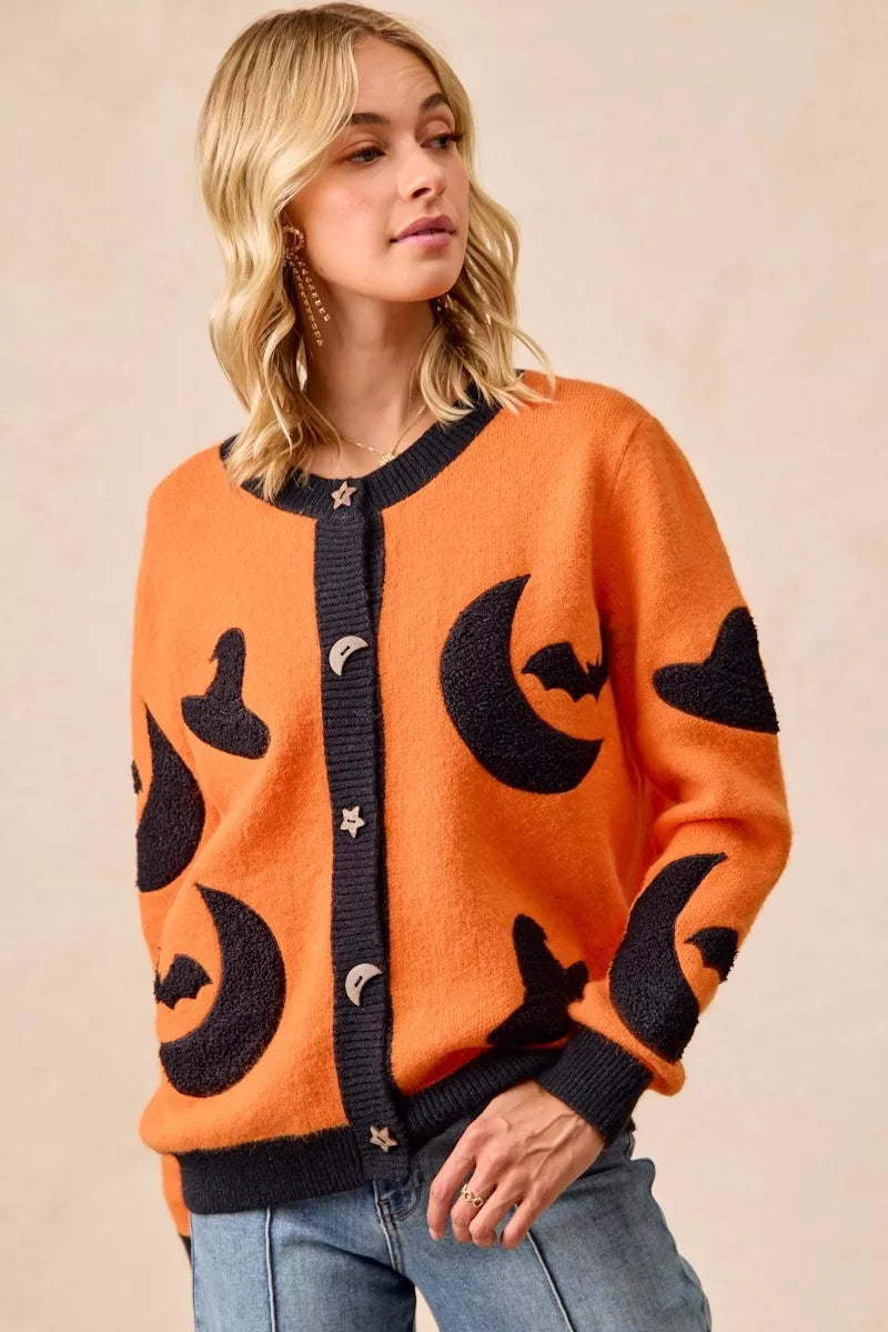 BiBi Halloween Witch Hat Moon Bat Artwork Cardigan 