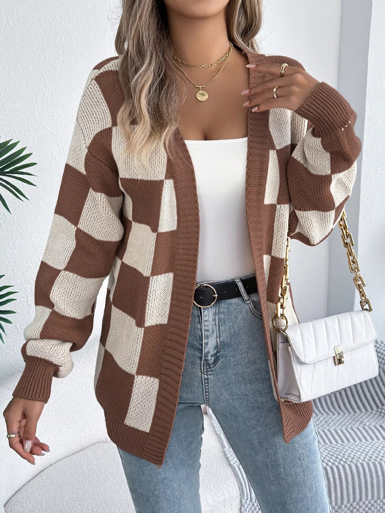 Checkered Pattern Open Front Cardigan 