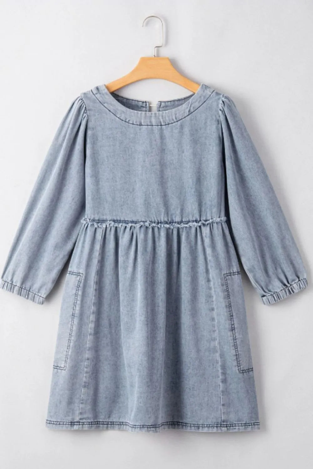 Cutout Round Neck Balloon Sleeve Denim Dress 