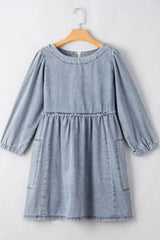 Cutout Round Neck Balloon Sleeve Denim Dress 
